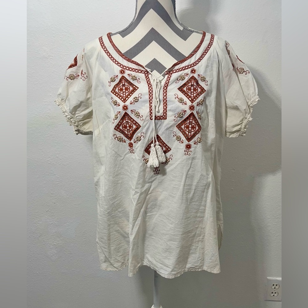 Dressbarn Cream and Brown Embroidered Tunic Blouse with Short Sleeves